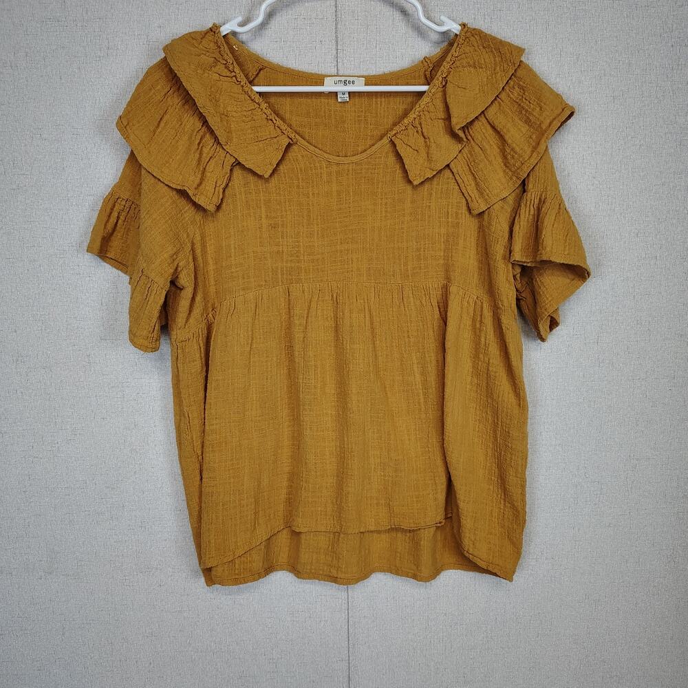 Umgee Womens M Mustard Ruffle Blouse Gauze Boho Cottagecore Prairie Tunic